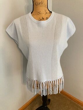 SOH Cashmere Merino Metallic Fringe Poncho Sweater Soft Blue Lurex Women Size P